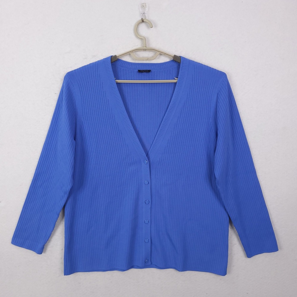 Talbots Cardigan Sweater 2X Blue Ribbed Knit Office Casual Minimalist Neural